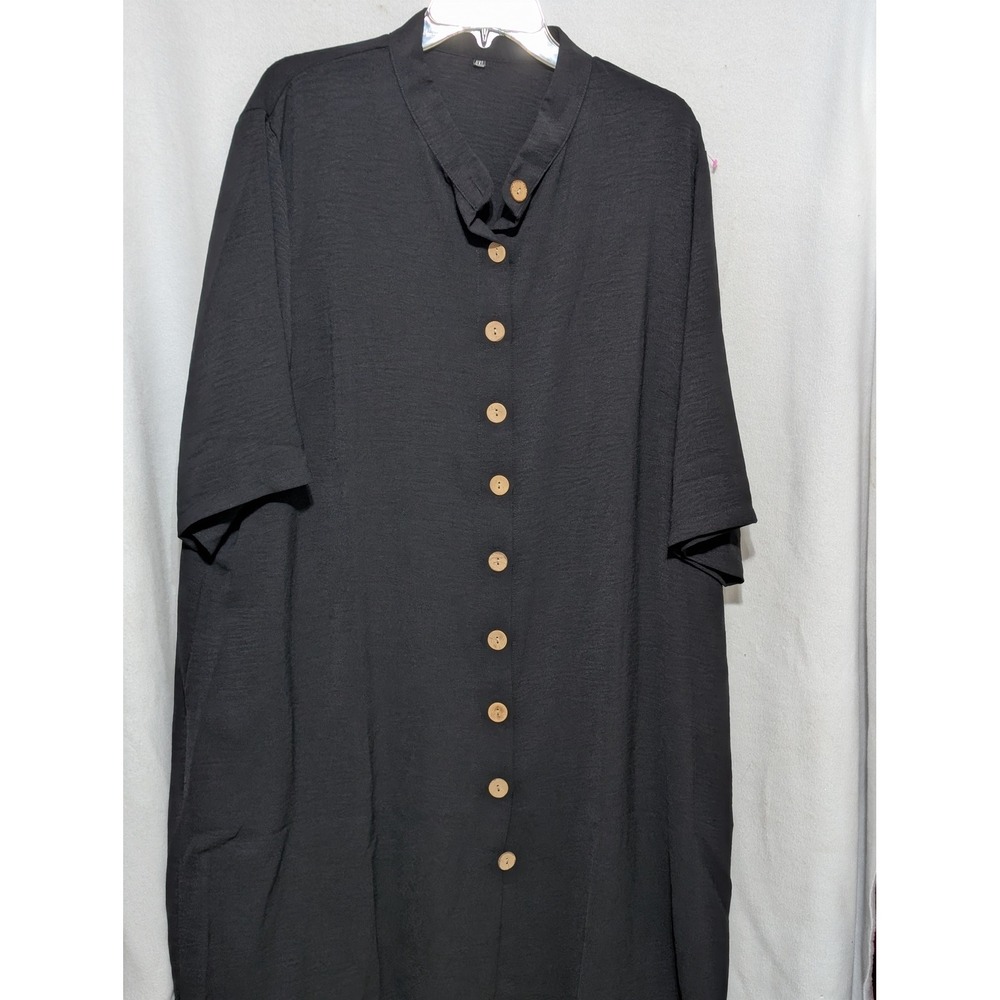 Black Short Sleeve Button Down Shirt Dress Wood Look Buttons Plus Size 4XL
